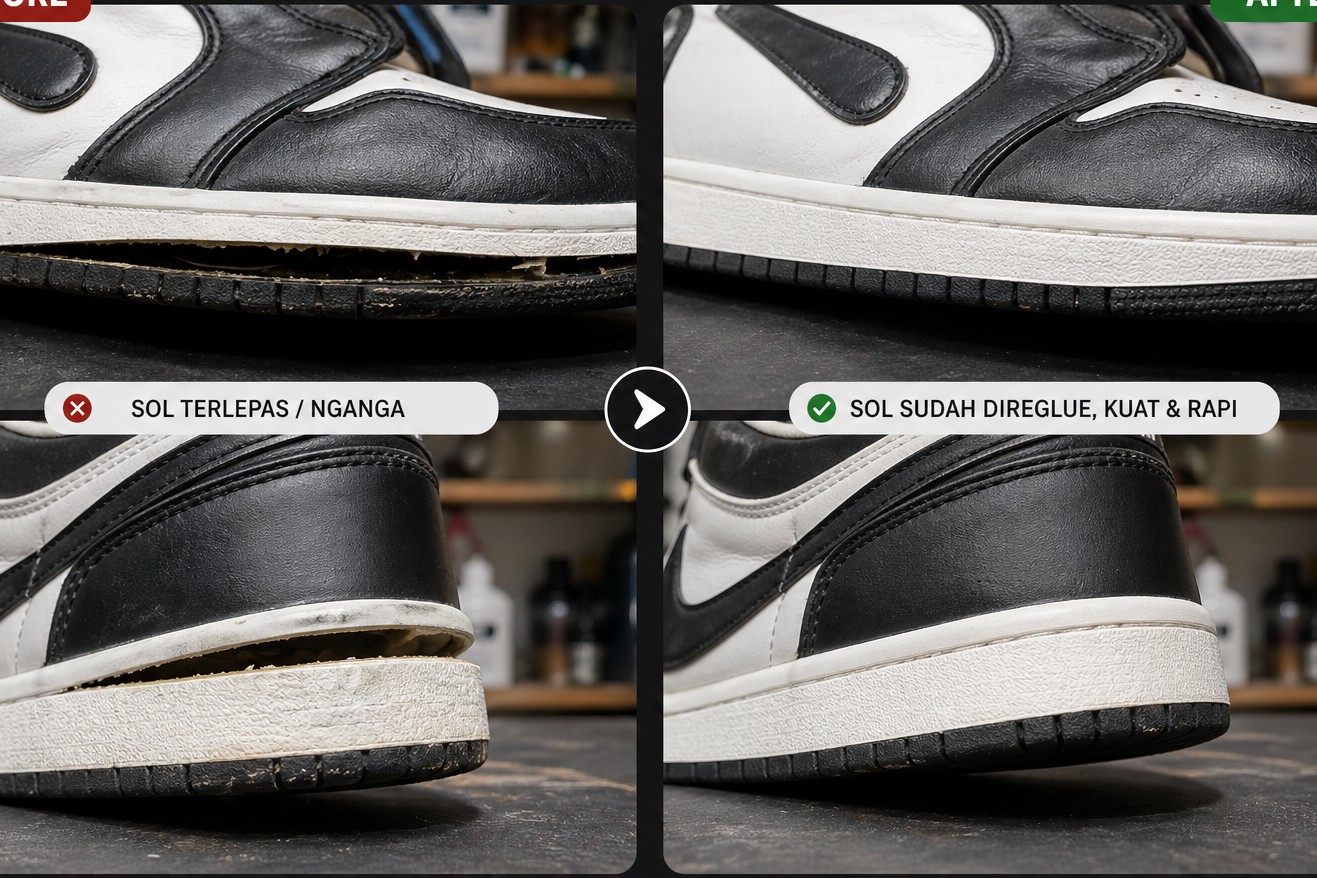 Hasil jasa reglue sepatu sebelum dan sesudah